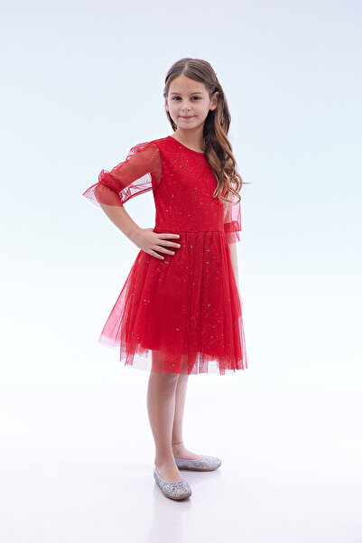 Ahengim Kids Kız Çocuk Yıldız Baskılı Trend Tül Elbise Ak2246