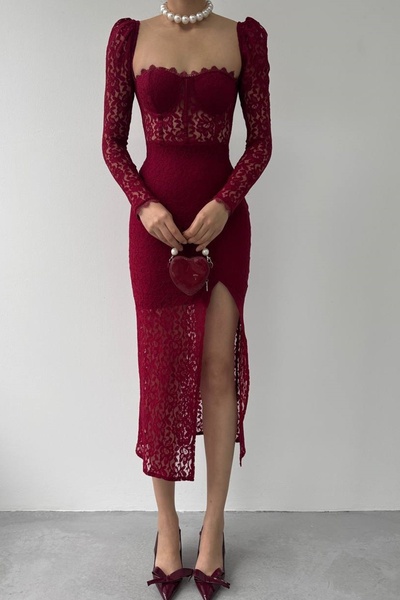 bayansepeti Μίντι φόρεμα με δαντέλα μπορντό με διάφανη λαιμόκοψη και λεπτομέρεια Guipure - 249