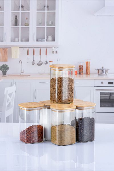 Lizzy 6 Pieces 500 ml Luxury Square Spice Rack Set with Bamboo Lid