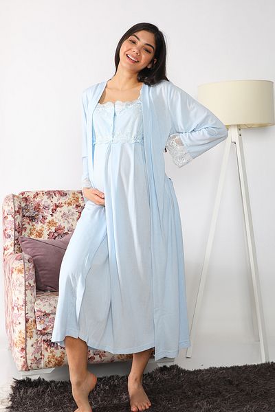 Effort Pijama Maternity Nightgown Set with Blue Dressing Gown