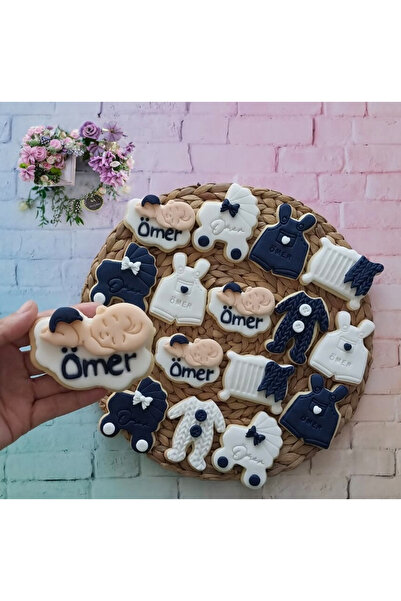 Tatlı Armağanlar Lacivert Beyaz İsimli Yenidoğan Bebek Butik Kurabiye - 20 Adet