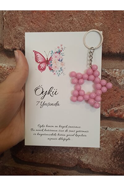 Cenka Store Kelebek Desenli Doğum Günü Kartı Kişiye Özel Pembe Yıldız Anahtar...