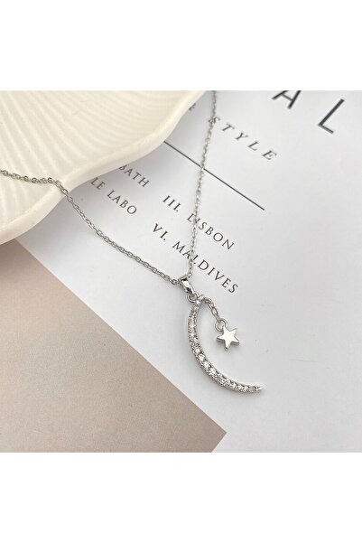 Kyver Moon Star Necklace Women's Necklace Zircon Stone Steel Silver 40+5cm