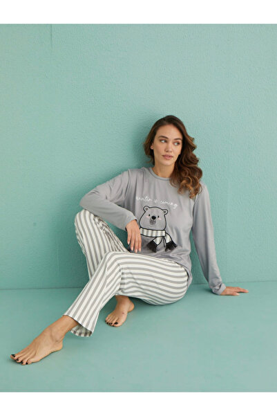 Mihra Gri Çizgili Sandy Ayıcıklı Pijama Takımı