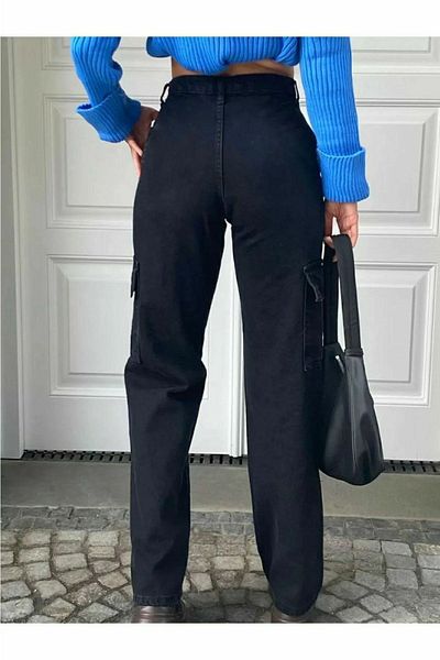 DRC trend Ayla Women's High Waist Black Colorfast Lycra Back Pocketless Model Cargo Pocket Palazzo Pants