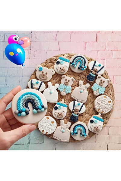 Tatlı Armağanlar Yenidoğan Welcome Baby Uçan Balon Ayıcık Tulum Biberon Mavi Temalı Butik Kurabiye - 20 Adet