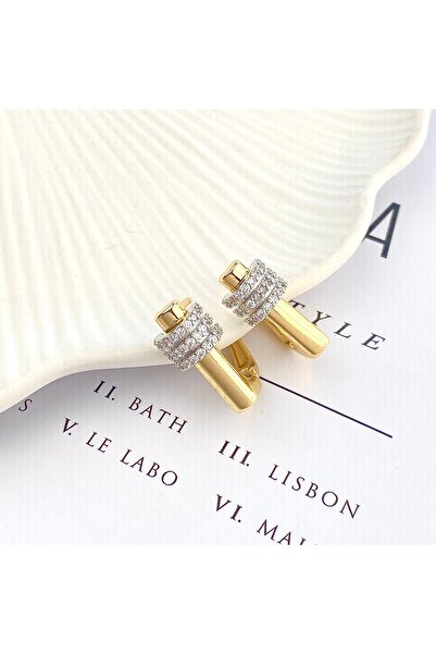 Kyver Kadın Küpe Trend Model Zirkon Taşlı Çelik Küpe 14 Ayar Gold