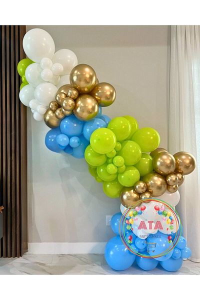 Ata Parti Dünyası Birthday Concept - Chrome Gold, Lemon Green, Light Blue, White 100 Pieces Balloon Chain Set