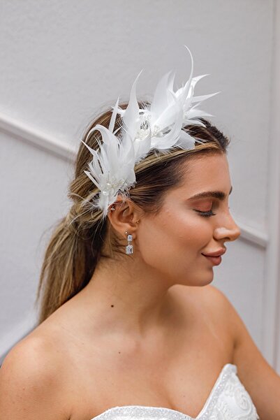 Turkuaz Gelin Saç Aksesuarı/ Nikah Düğün Tüy İnci Beyaz Taç