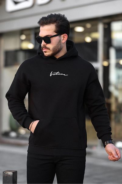 Miron Hanorac oversize negru imprimat cu trei fire - cu glugă 2441