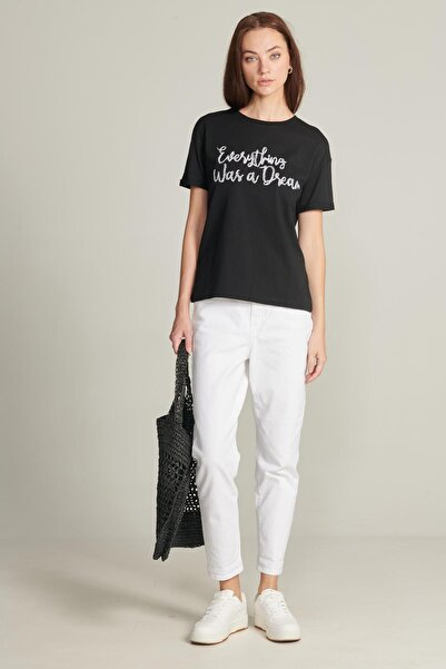 TUBİA Tricou cu mânecă scurtă cu broderie de culoare neagră pentru femei