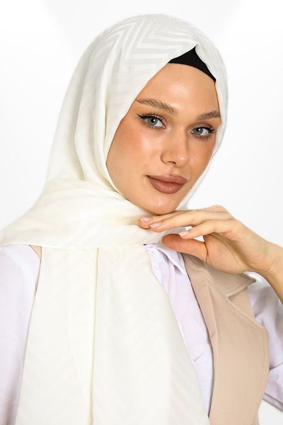 hijabchi Εισαγόμενο Silky Jacquard Shawl Zigzag Model - Νέες Συλλογές - Κρέμα