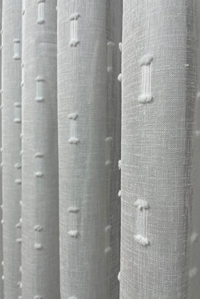 Cortibo Pompom Patterned Foldet Linen Tulle Curtain Without Pleat