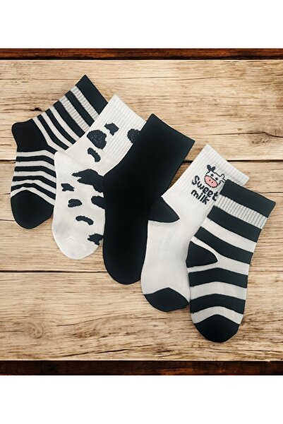 Çorabistaan 5 Çift Siyah Beyaz Sevimli İnek Desenli Çizgili Unisex Kız Erkek ...