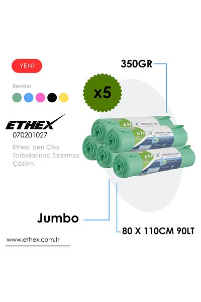 Ethex Industrial Jumbo Size Garbage Bag (10 PCS 350GR 80 X 110CM 90LT GREEN 5 ROLL)