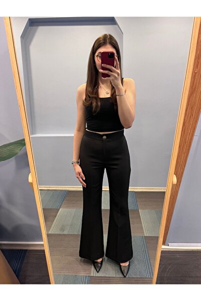 OUZ Fashion بنطال نسائي عالي الخصر بأزرار إسبانية