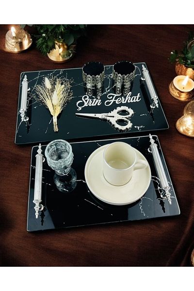 CyzHome Vow Black Patterned Promise Tray and Groom Coffee Cup