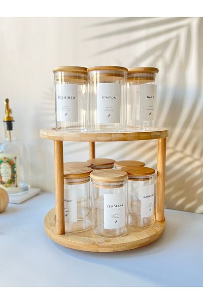 Mottogo Set of 10 Glass Spice Dispensers - Bamboo Swivel, 300 ml Vacuum Lid - 12 Labels