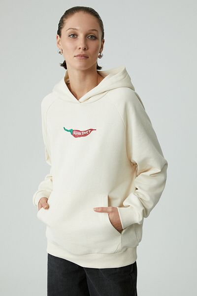 GRIMELANGE Chilli Women's Oversize Raster Hooded Printed Kangaroo Pocket Ecru Sweatshirt