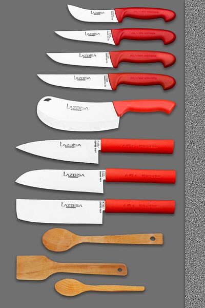 LAZBİSA Silver Series Kitchen Knife Set Chef Knife Masat and Montesev Wooden Wooden Spoon Set (12 Pieces)
