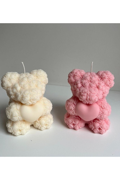 AKINLAR Kalpli Ayıcık Sevgililer Günü Pembe Mum Seti Soya Wax 2 li