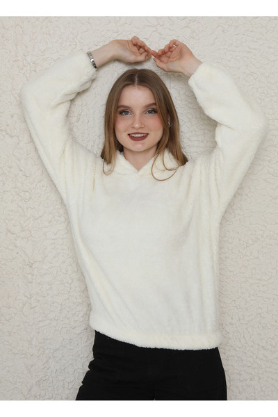 TOMURCUKSTAR Kadın Ekru Peluş Kapüşonlu Sweatshirt