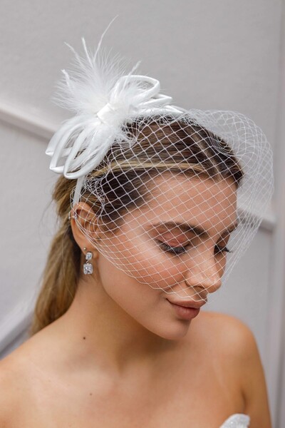 Turkuaz Gelin Saç Aksesuarı/ Düğün Nikah Tül Tüy Beyaz Gelin Taç