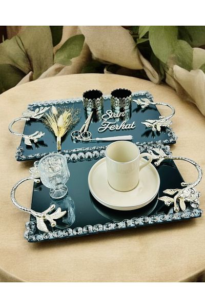 CyzHome Serenity White Silver Promise and Groom Coffee Cup Tray