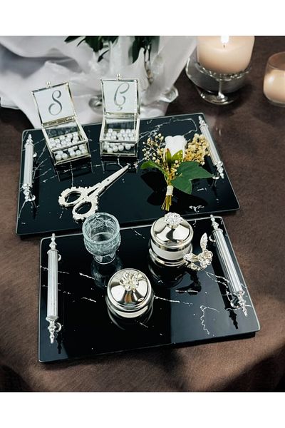 CyzHome Vow Black Patterned Promise Tray and Groom Coffee Cup