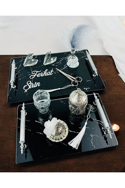 CyzHome Vow Black Patterned Promise Tray and Groom Coffee Cup