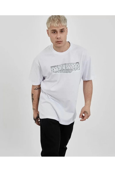 JANES Λευκό μπλουζάκι Unisex Oversize με στάμπα με λαιμόκοψη