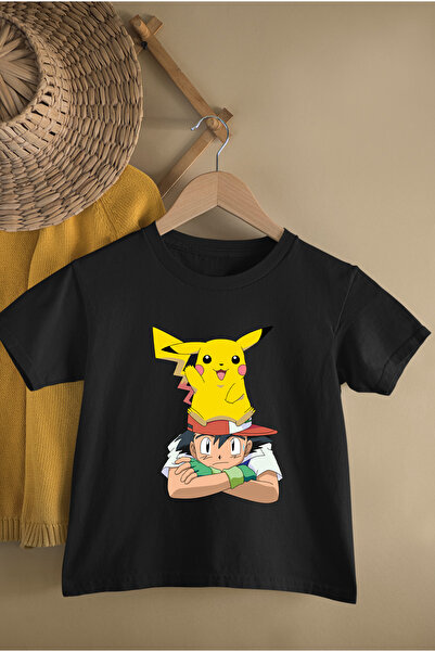 MAGORS Pokémon Ash a Pikachu s potiskem – bavlněné tričko s krátkým rukávem a výstřihem pro děti