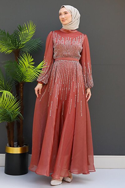 GİZ AGİYİM فستان سهرة بتفاصيل حجر برتقالي ناعم