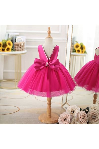 HSNLİFE Girl Doll Collar and Bow Pearl Dress Birthday Dress Girls' Evening Dress Elegant Princess Dress