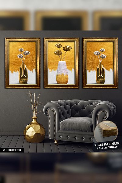 Evinemoda Vază Flori 3 bucăți pictură înrămată (aur) CVPLK