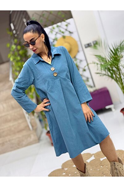 Punta Otantik AY238166 Індіго оксамитове плаття - чоловічий комір і деталі з ґудзиками