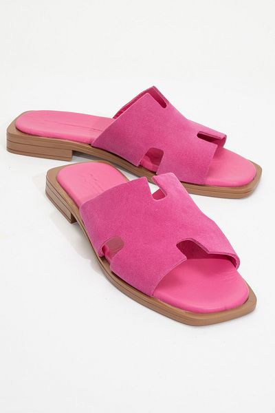 Dericlub Γυναικείες παντόφλες ZY 8012 Model Suede Fuchsia - Πραγματικό δέρμα και λουράκι