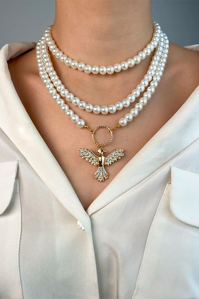 Sose Moda قلادة من اللؤلؤ الثلاثي باللون الذهبي - أبيض