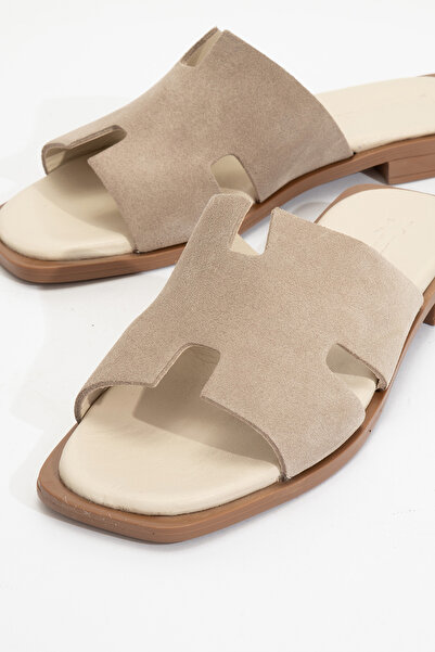 Dericlub Zy 8012 Model Suede Beige Real Leather Women's Slippers - Banded