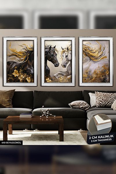 Evinemoda Pictură înrămată în 3 bucăți cu tematică Noble Double Horse Love CVPLK