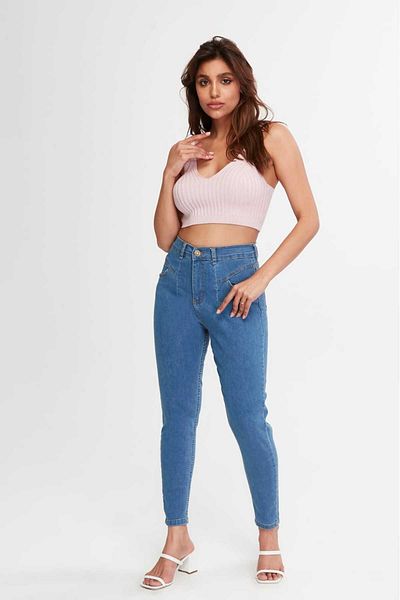 SHEVEGA Women's Blue Front Seal Lycra Tight Leg Jeans Pants
