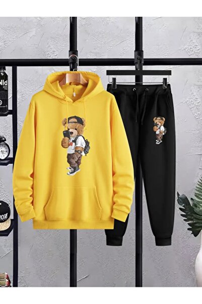 DAXİS Sportwear Company Ayıcık Baskılı Eşofman Takımı - Kapüşonlu Sweatshirt Jogger Eşofman Alt Üst Takım