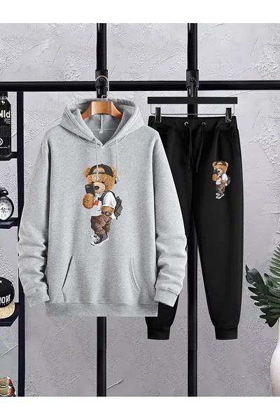 DAXİS Sportwear Company Σετ αθλητική φόρμα με στάμπα αρκουδάκι - Φούτερ με κουκούλα Jogger Sweatpants Bottom Top Set