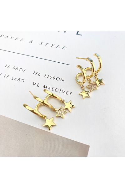 Kyver Multiple Look Earrings Star Dangle Zircon Stone 3 Look Gold