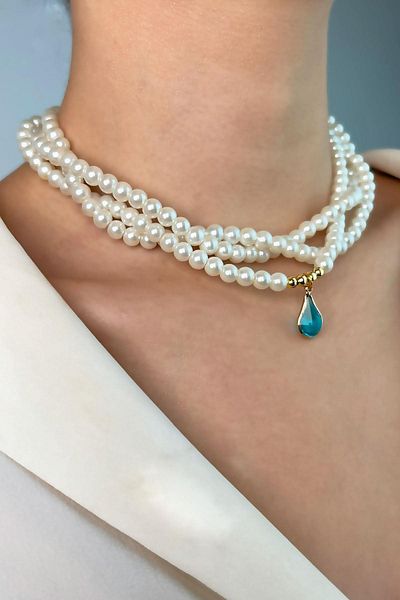 Sose Moda Blue Pearl Necklace - Drop End and Coiled