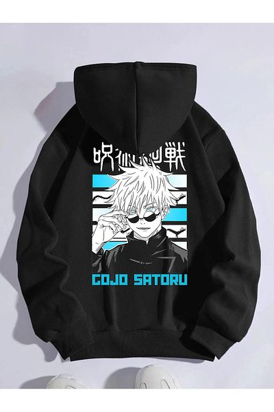 ARC Shoping Φούτερ Anime Satoru Gojo Print 3 Thread Raised - Ασπρόμαυρη κουκούλα Unisex Oversize 80% βαμβάκι