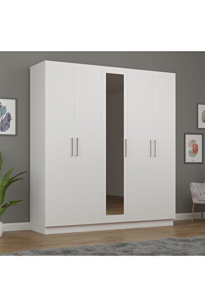 asratrend Asra Trend MDF 5 Kapaklı, 2 Çekmeceli, Aynalı Gardırop - 200x218x53cm, Geniş Kıyafet Dolabı, G-04
