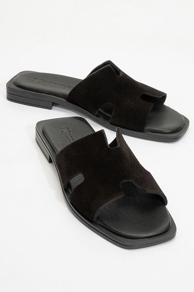 Dericlub ZY 8012 Model - Παντόφλες από γνήσιο δέρμα μαύρο, με λουράκι και σουέτ