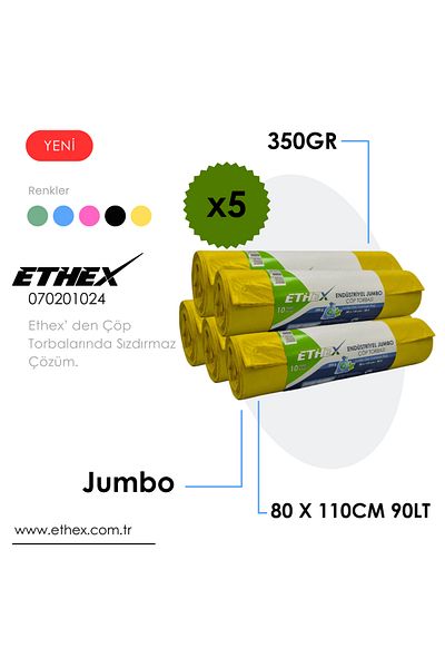 Ethex Industrial Jumbo Size Garbage Bag (10 Pcs 350Gr 80 X 110cm 90Lt Yellow 5 Roll)