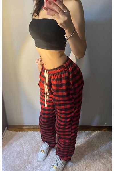 1blood Red Black Square Plaid Patterned Comfortable Unisex Oversize Sweatpants Pajamas